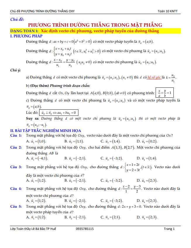 Chủ đề phương trình đường thẳng trong mặt phẳng Toán 10 KNTTVCS