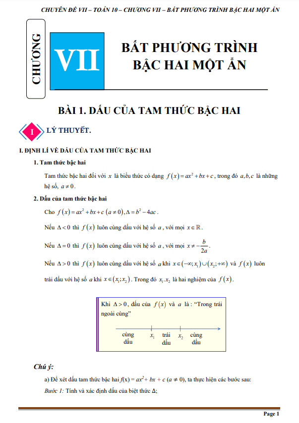 Chuyên đề bất phương trình bậc hai một ẩn Toán 10 Chân Trời Sáng Tạo