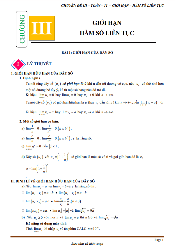 Chuyên đề giới hạn, hàm số liên tục Toán 11 Cánh Diều