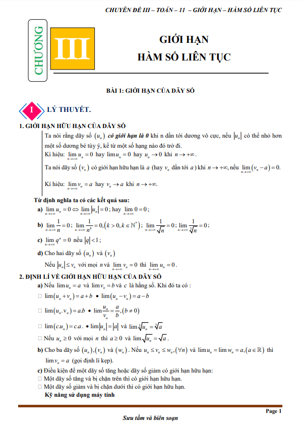 Chuyên đề giới hạn, hàm số liên tục Toán 11 CTST
