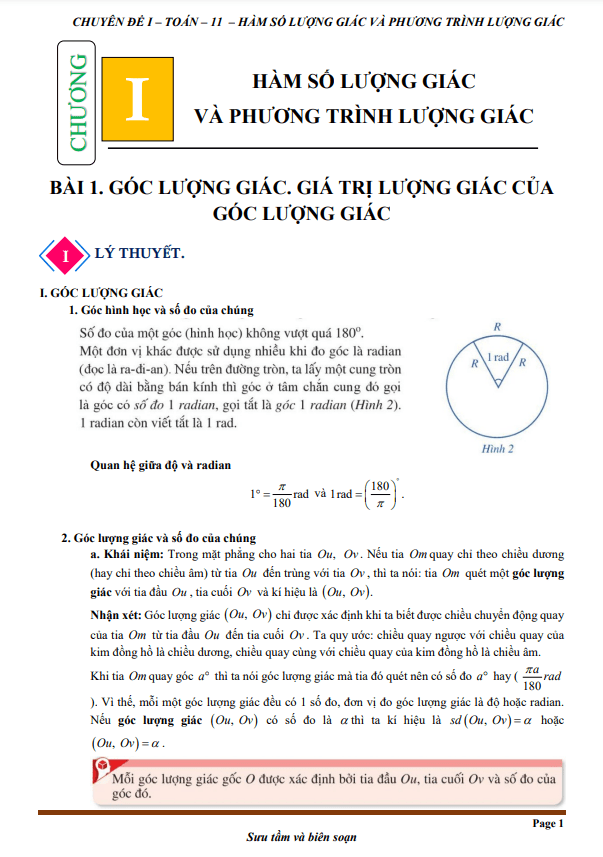 Chuyên đề hàm số lượng giác và phương trình lượng giác Toán 11 Cánh Diều