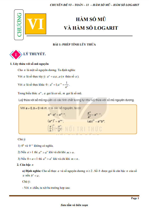 Chuyên đề hàm số mũ và hàm số lôgarit Toán 11 CTST