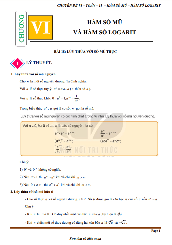 Chuyên đề hàm số mũ và hàm số lôgarit Toán 11 KNTTVCS