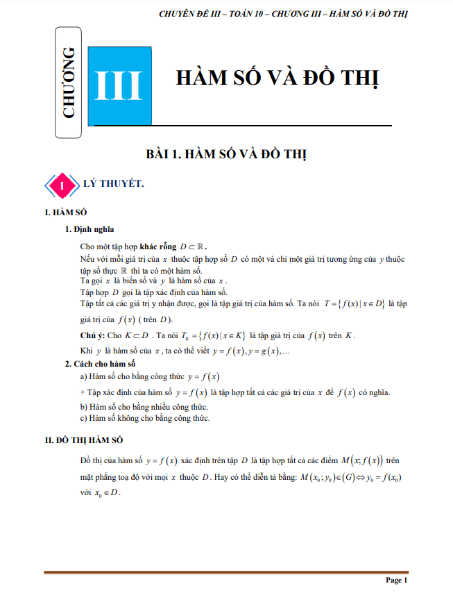 Chuyên đề hàm số và đồ thị Toán 10 Cánh Diều