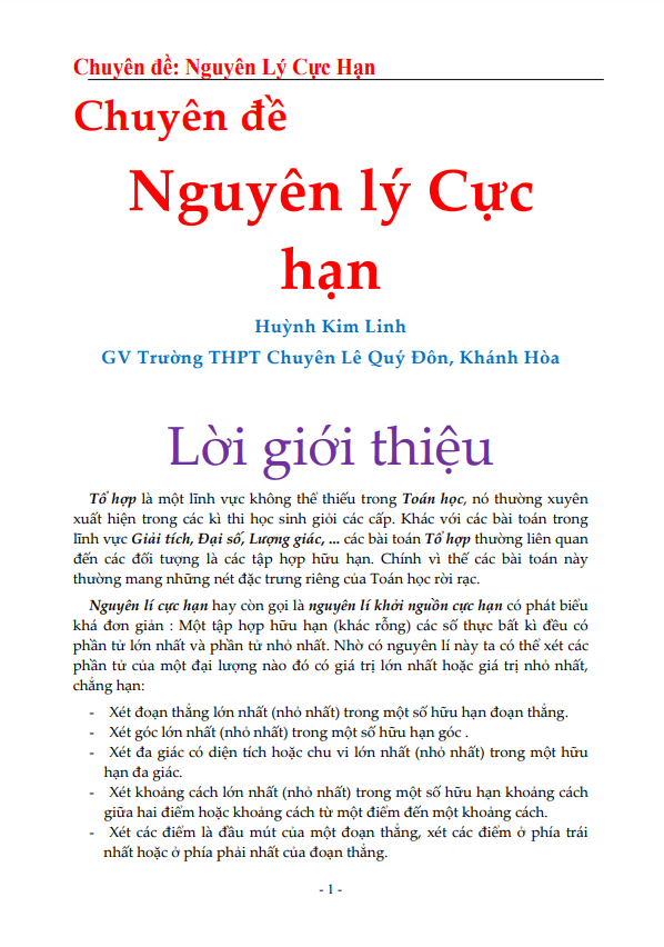 Chuyên đề nguyên lý cực hạn Huỳnh Kim Linh