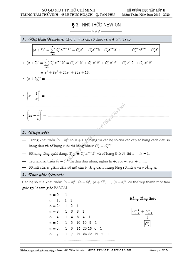 Chuyên đề nhị thức Newton (Niu tơn) Lê Văn Đoàn