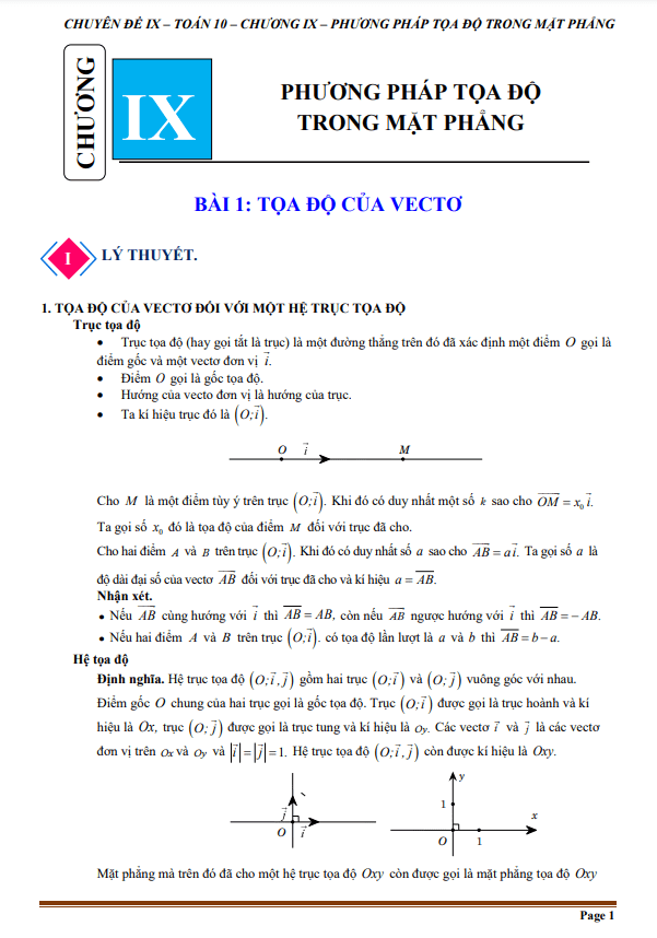 Chuyên đề phương pháp tọa độ trong mặt phẳng Toán 10 Chân Trời Sáng Tạo