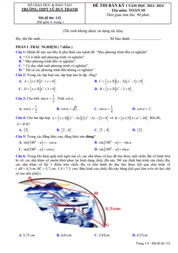 Đề bán kì 1 Toán 10 năm 2023 2024 trường THPT Vũ Duy Thanh Ninh Bình