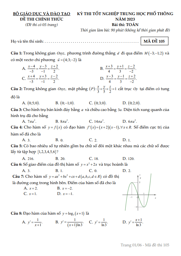 Đề chính thức kỳ thi tốt nghiệp THPT năm 2023 môn Toán