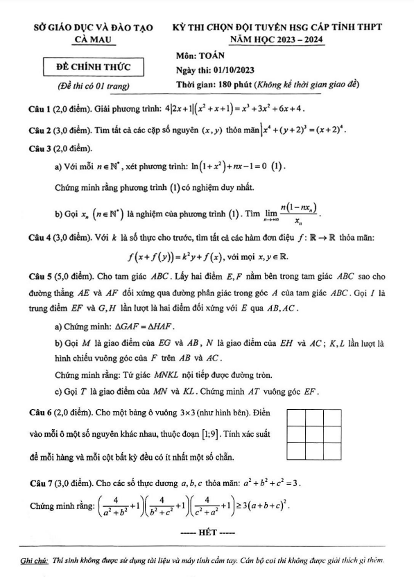 Đề chọn đội tuyển HSG cấp tỉnh Toán THPT năm 2023 2024 sở GD&ĐT Cà Mau