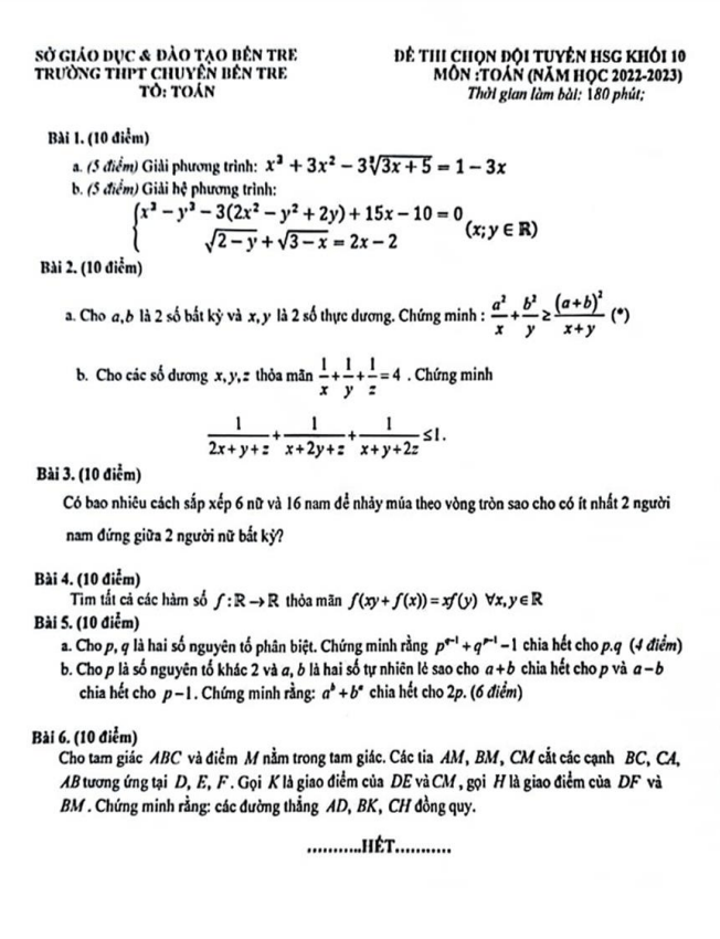 Đề chọn đội tuyển HSG Toán 10 năm 2022 2023 trường THPT chuyên Bến Tre