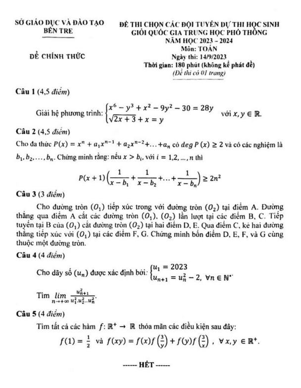 Đề chọn đội tuyển thi HSG QG môn Toán năm 2023 2024 sở GD&ĐT Bến Tre