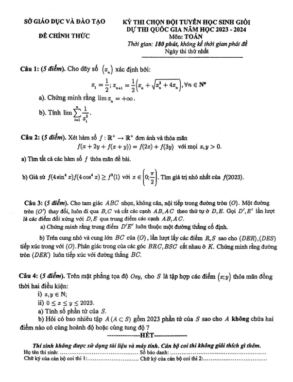 Đề chọn đội tuyển thi HSG QG môn Toán năm 2023 2024 sở GD&ĐT Bình Dương