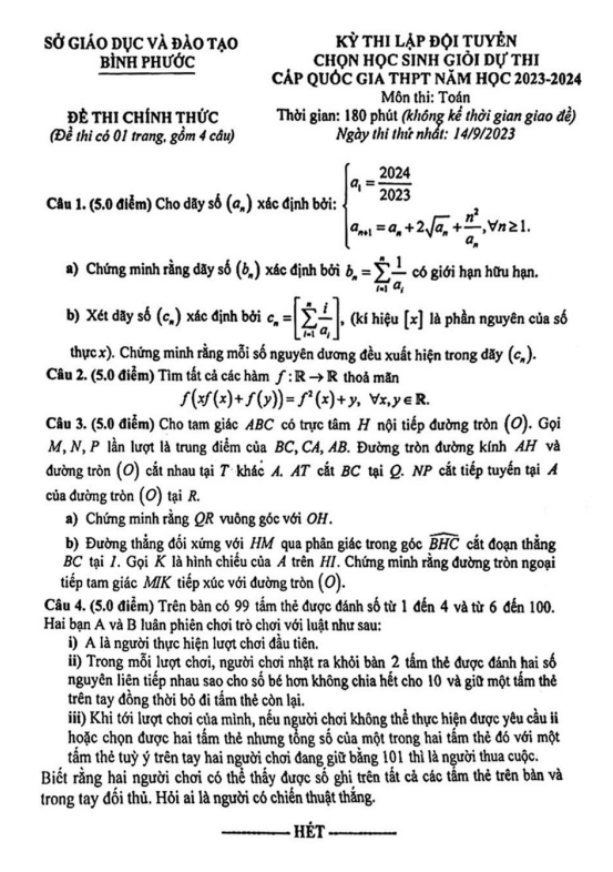 Đề chọn đội tuyển thi HSG QG môn Toán năm 2023 2024 sở GD&ĐT Bình Phước