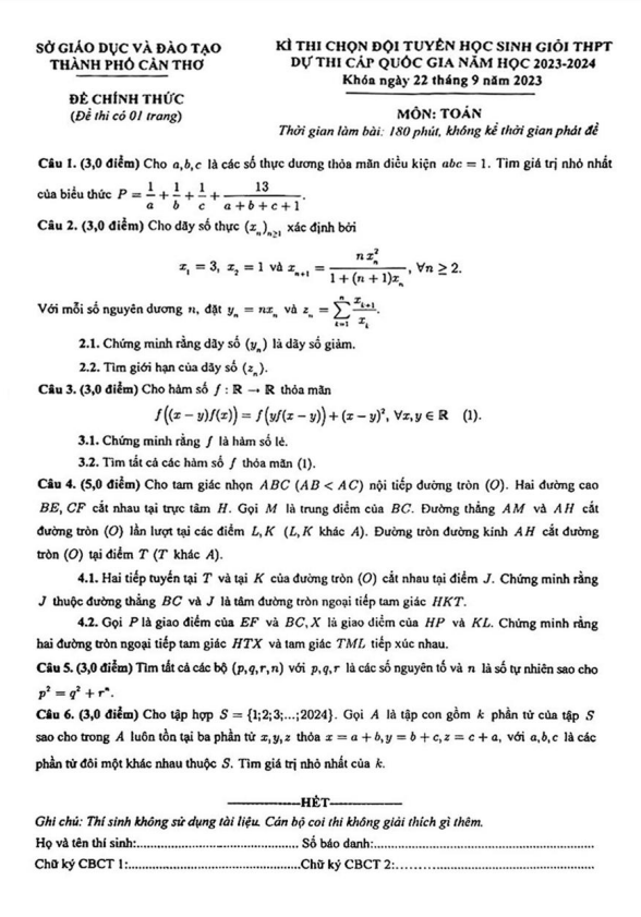 Đề chọn đội tuyển thi HSG QG môn Toán năm 2023 2024 sở GD&ĐT Cần Thơ