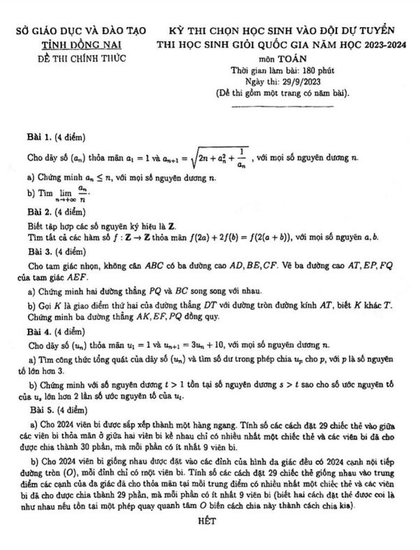 Đề chọn đội tuyển thi HSG QG môn Toán năm 2023 2024 sở GD&ĐT Đồng Nai