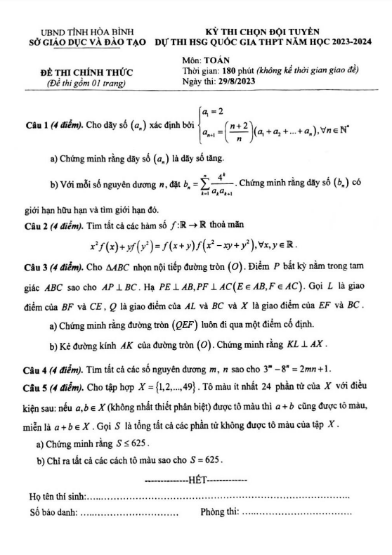 Đề chọn đội tuyển thi HSG QG môn Toán năm 2023 2024 sở GD&ĐT Hòa Bình