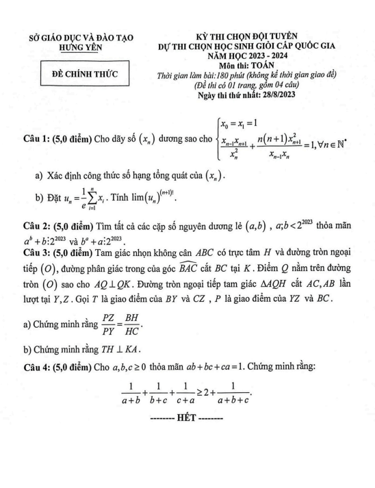 Đề chọn đội tuyển thi HSG QG môn Toán năm 2023 2024 sở GD&ĐT Hưng Yên