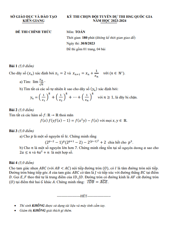 Đề chọn đội tuyển thi HSG QG môn Toán năm 2023 2024 sở GD&ĐT Kiên Giang