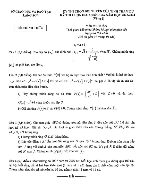 Đề chọn đội tuyển thi HSG QG môn Toán năm 2023 2024 sở GD&ĐT Lạng Sơn