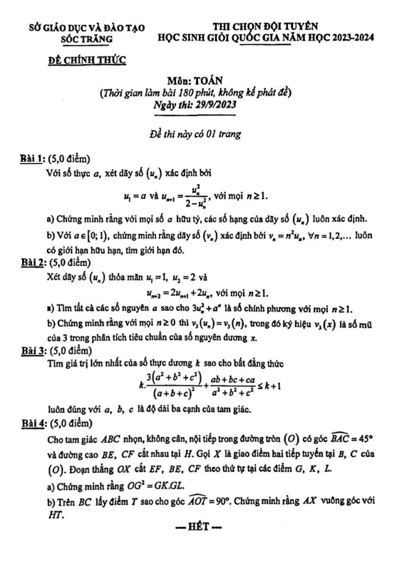 Đề chọn đội tuyển thi HSG QG môn Toán năm 2023 2024 sở GD&ĐT Sóc Trăng