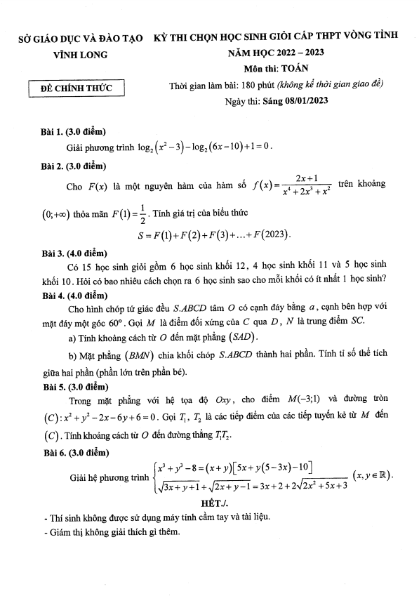 Đề chọn học sinh giỏi Toán THPT vòng tỉnh năm 2022 2023 sở GD&ĐT Vĩnh Long