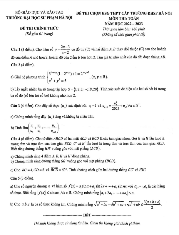 Đề chọn HSG Toán THPT năm 2022 2023 trường Đại học Sư Phạm Hà Nội