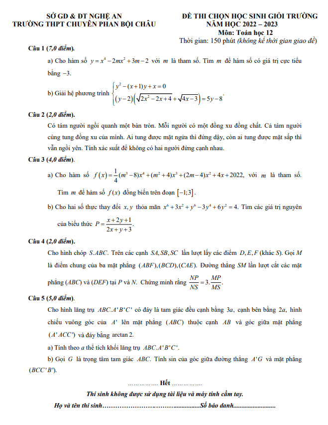 Đề chọn HSG trường Toán 12 năm 2022 2023 trường chuyên Phan Bội Châu Nghệ An