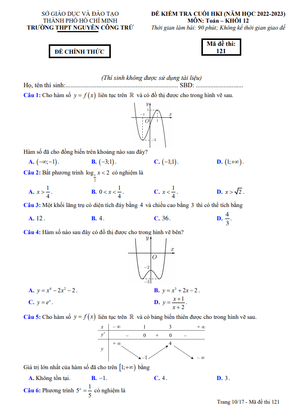Đề cuối HK1 Toán 12 năm 2022 2023 trường THPT Nguyễn Công Trứ TP HCM