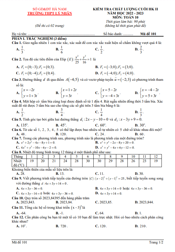 Đề cuối HK2 Toán 10 năm 2022 2023 trường THPT Lý Nhân Hà Nam