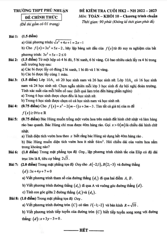 Đề cuối HK2 Toán 10 năm 2022 2023 trường THPT Phú Nhuận TP HCM
