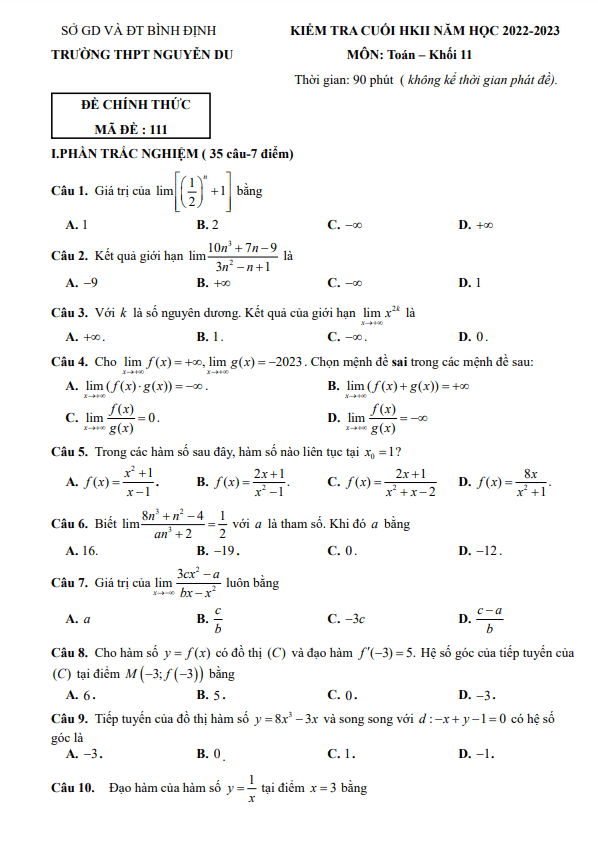 Đề cuối HK2 Toán 11 năm 2022 2023 trường THPT Nguyễn Du Bình Định