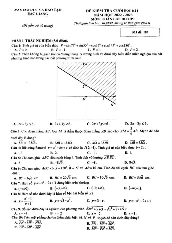 Đề cuối học kì 1 Toán 10 năm 2022 2023 sở GD&ĐT Bắc Giang