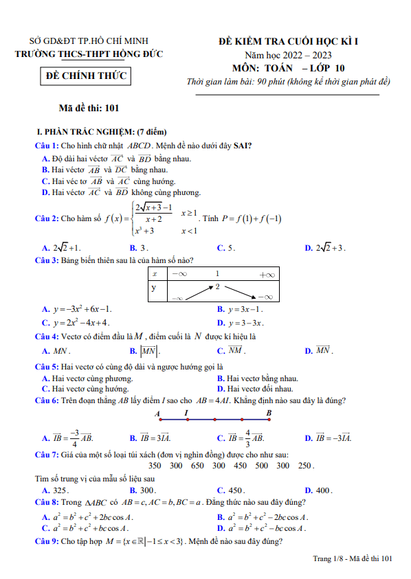 Đề cuối học kì 1 Toán 10 năm 2022 2023 trường THCS&THPT Hồng Đức TP HCM