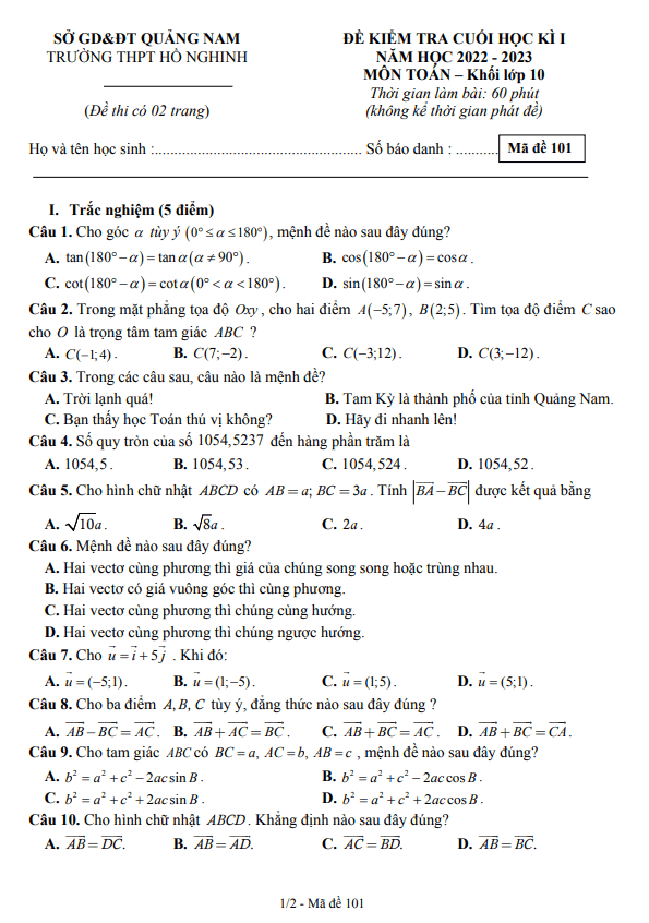 Đề cuối học kì 1 Toán 10 năm 2022 2023 trường THPT Hồ Nghinh Quảng Nam