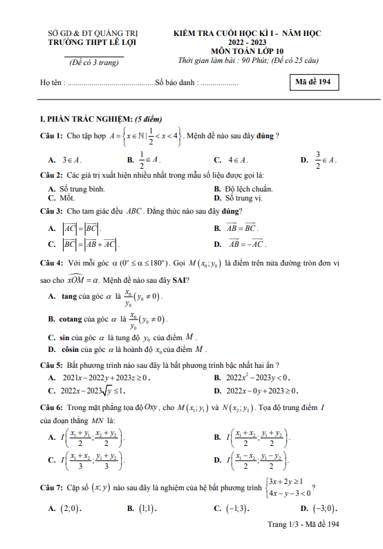 Đề cuối học kì 1 Toán 10 năm 2022 2023 trường THPT Lê Lợi Quảng Trị
