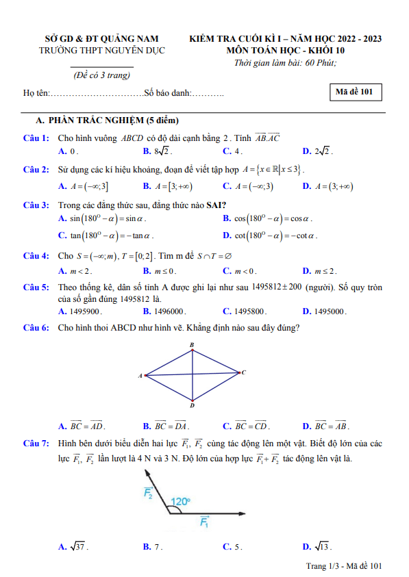 Đề cuối học kì 1 Toán 10 năm 2022 2023 trường THPT Nguyễn Dục Quảng Nam