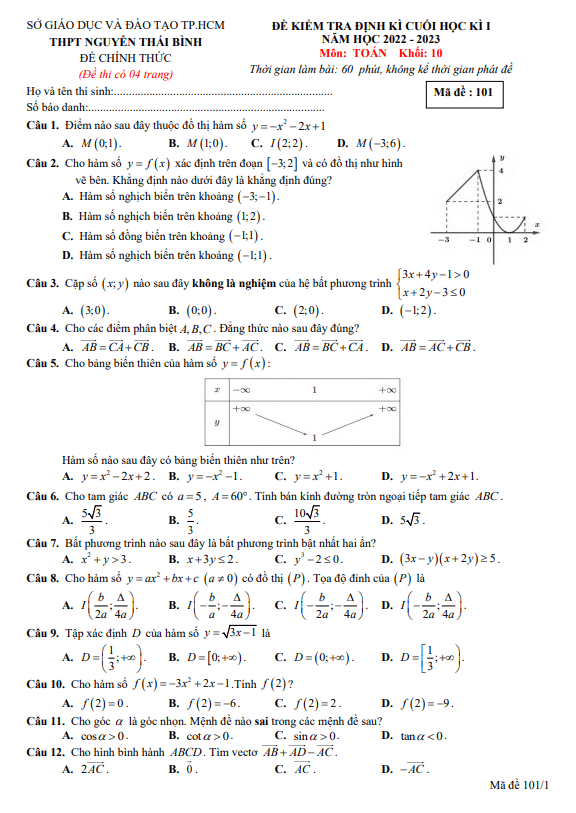 Đề cuối học kì 1 Toán 10 năm 2022 2023 trường THPT Nguyễn Thái Bình TP HCM