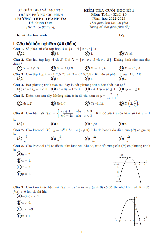 Đề cuối học kì 1 Toán 10 năm 2022 2023 trường THPT Thanh Đa TP HCM