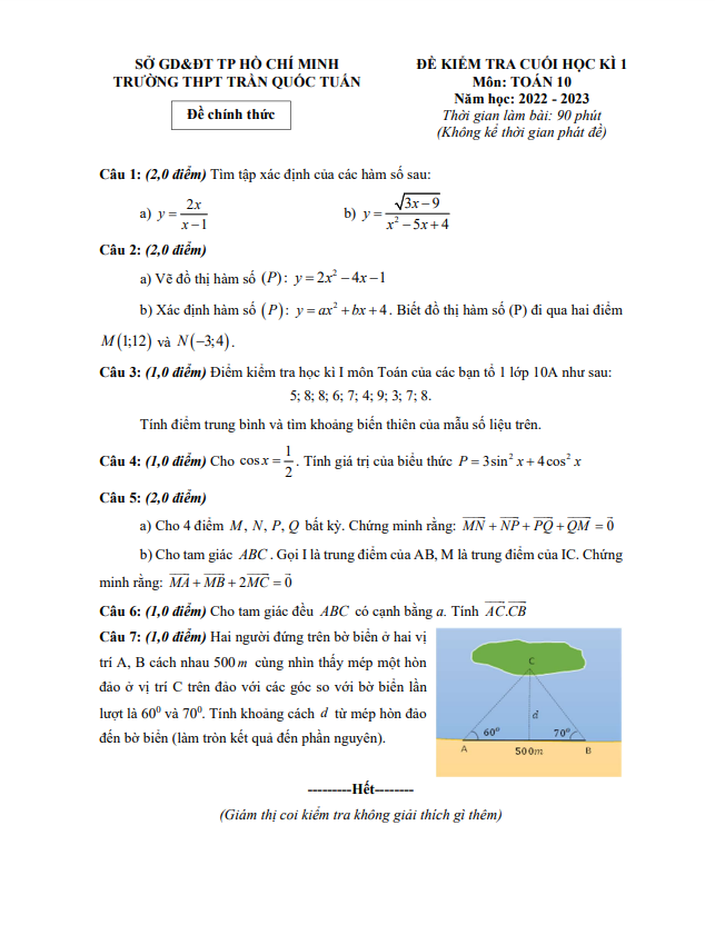 Đề cuối học kì 1 Toán 10 năm 2022 2023 trường THPT Trần Quốc Tuấn TP HCM