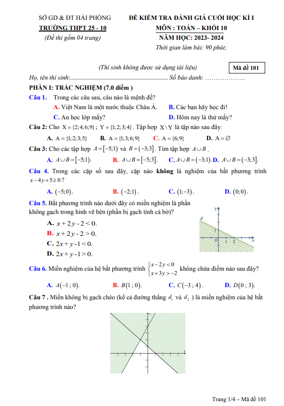 Đề cuối học kì 1 Toán 10 năm 2023 2024 trường THPT 25 10 Hải Phòng