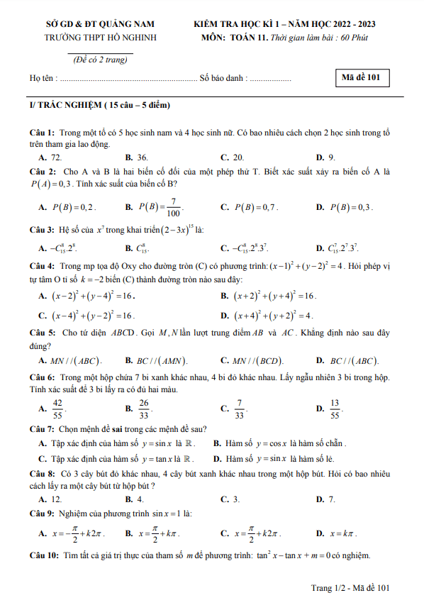 Đề cuối học kì 1 Toán 11 năm 2022 2023 trường THPT Hồ Nghinh Quảng Nam