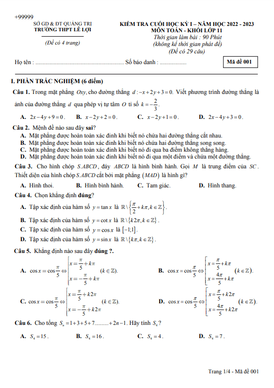 Đề cuối học kì 1 Toán 11 năm 2022 2023 trường THPT Lê Lợi Quảng Trị