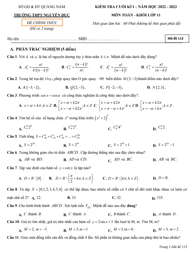 Đề cuối học kì 1 Toán 11 năm 2022 2023 trường THPT Nguyễn Dục Quảng Nam