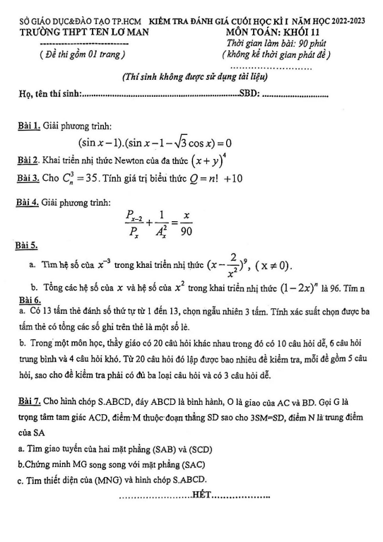 Đề cuối học kì 1 Toán 11 năm 2022 2023 trường THPT Ten Lơ Man TP HCM
