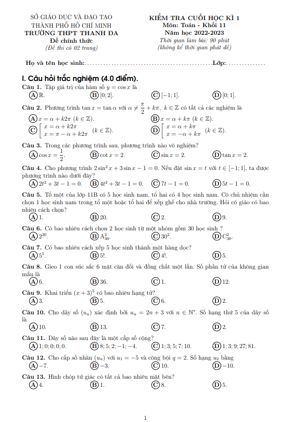 Đề cuối học kì 1 Toán 11 năm 2022 2023 trường THPT Thanh Đa TP HCM