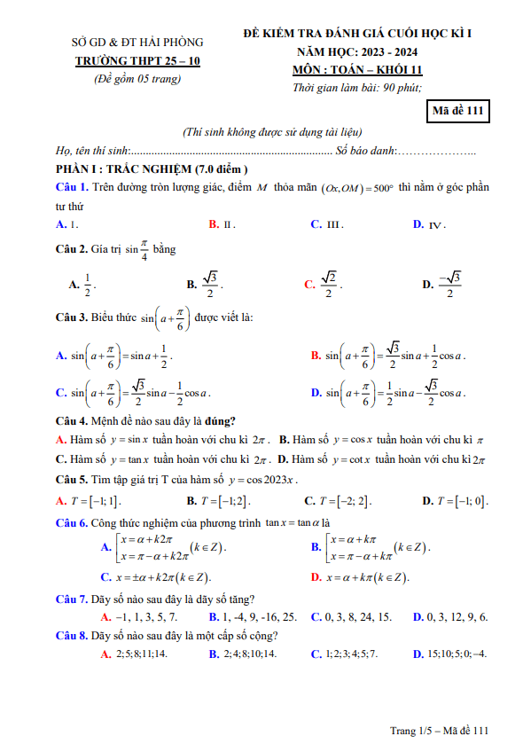 Đề cuối học kì 1 Toán 11 năm 2023 2024 trường THPT 25 10 Hải Phòng