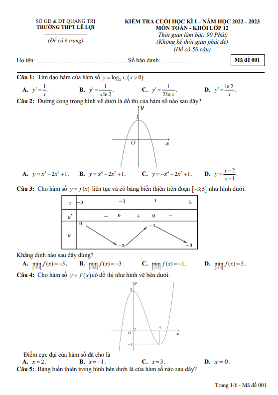 Đề cuối học kì 1 Toán 12 năm 2022 2023 trường THPT Lê Lợi Quảng Trị
