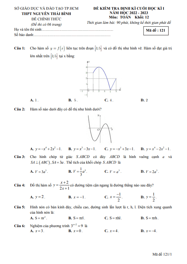 Đề cuối học kì 1 Toán 12 năm 2022 2023 trường THPT Nguyễn Thái Bình TP HCM