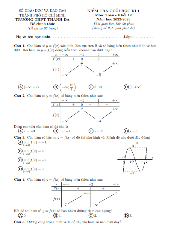 Đề cuối học kì 1 Toán 12 năm 2022 2023 trường THPT Thanh Đa TP HCM